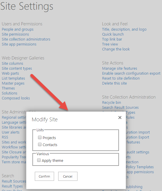 A janela pop-up Modifi Site é exibida com um grupo de caixas marcar chamado Listas que contém duas caixas de marcar, Projetos e Contatos. Abaixo listas está um grupo de caixas marcar chamado Vários que contém a caixa marcar chamada Tema Aplicar. Abaixo, estão dois botões chamados Confirmar e Cancelar.