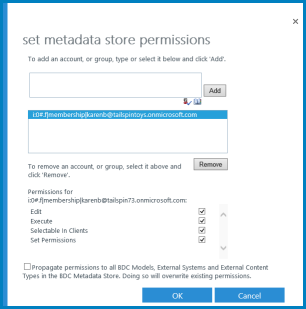 Um gráfico da caixa de diálogo Definir Permissões do Repositório de Metadados no BCS do SPO.