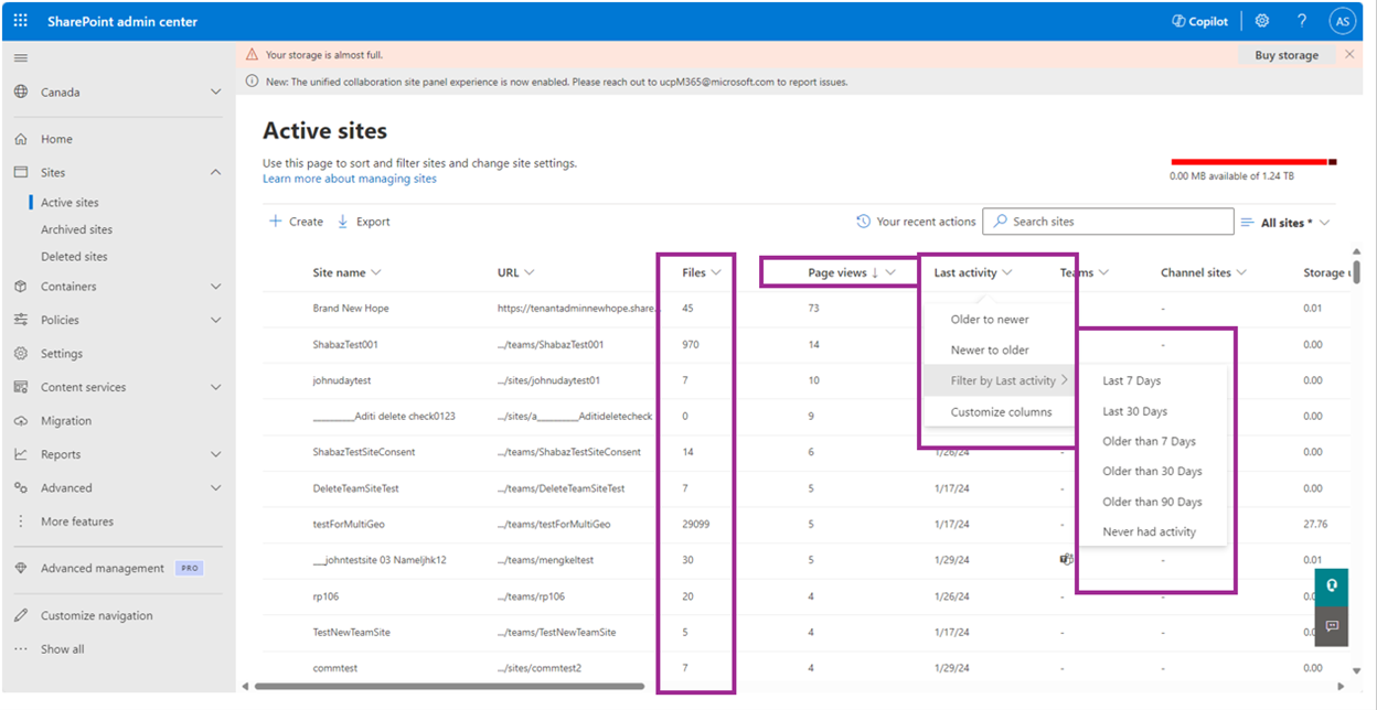 Captura de ecrã a mostrar a utilização de outras colunas para filtrar e ordenar sites ativos