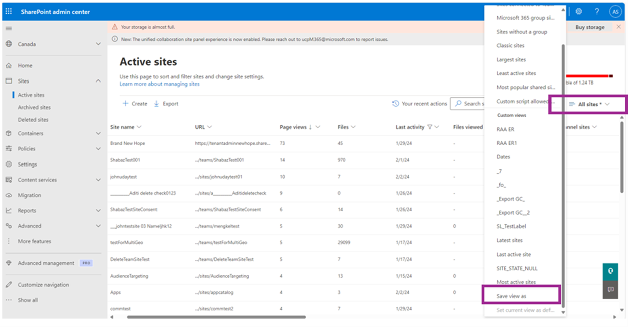 Captura de ecrã a mostrar a gravação da vista de sites ativos personalizados