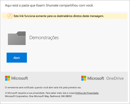 Um e-mail de convite de partilha