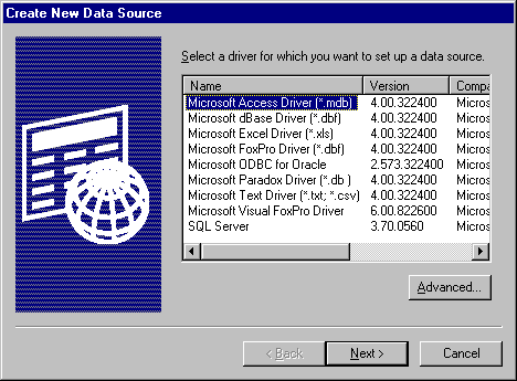 Caixa de diálogo Criar Nova Fonte de Dados: selecione driver