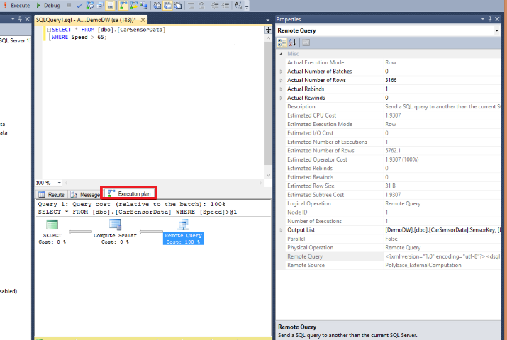 Captura de tela do SQL Server Management Studio de um plano de execução de consulta PolyBase.