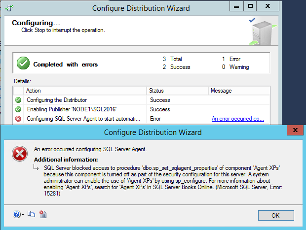 Captura de tela da mensagem de erro para configurar o SQL Server Agent.