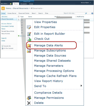 Captura de tela do menu suspenso destacando os Alertas de Gerenciar Dados.