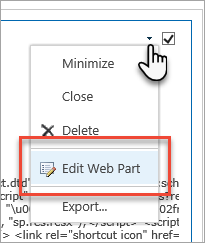 Captura de tela do menu de seta para baixo que realça Editar web part.