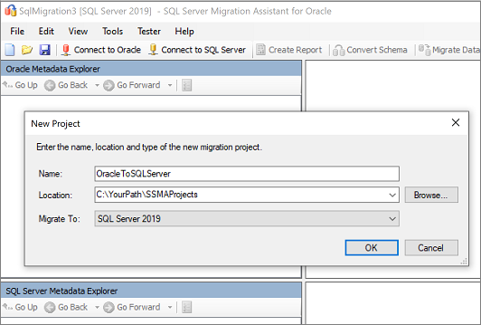 Captura de tela do painel Novo Projeto no SSMA para Oracle.