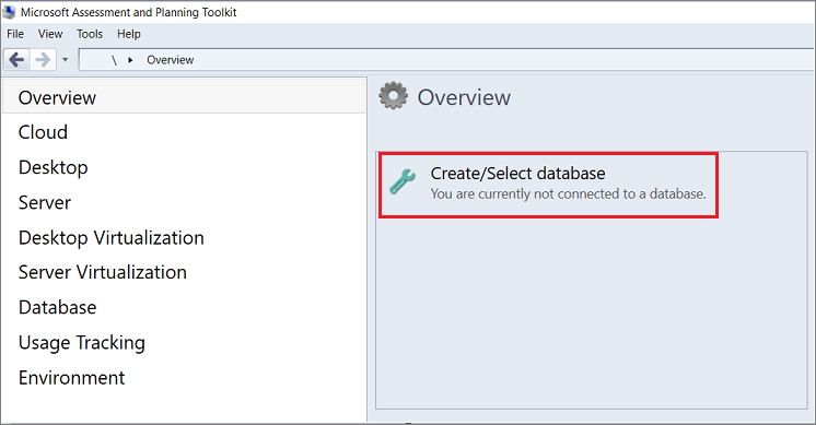 Captura de tela do link 'Criar/Selecionar banco de dados' no painel Visão geral do MAP Toolkit.