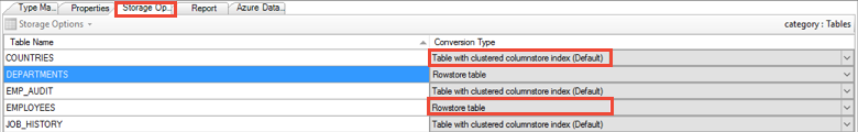 Captura de tela das opções de armazenamento para data warehouse.