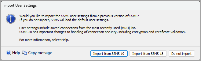 Captura de tela que mostra a caixa de diálogo Importar configurações de usuário.