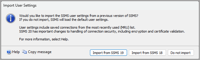 Captura de ecrã mostrando a caixa de diálogo de importação das configurações do utilizador.