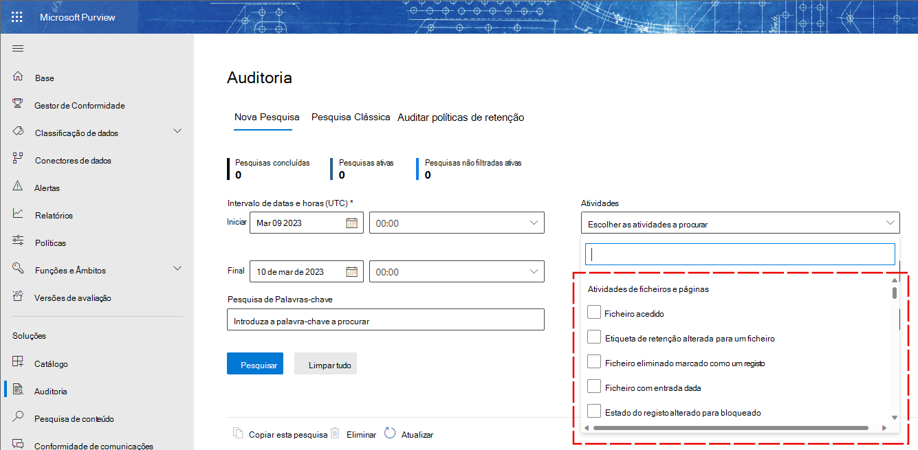 Captura de ecrã da IU dos registos de auditoria