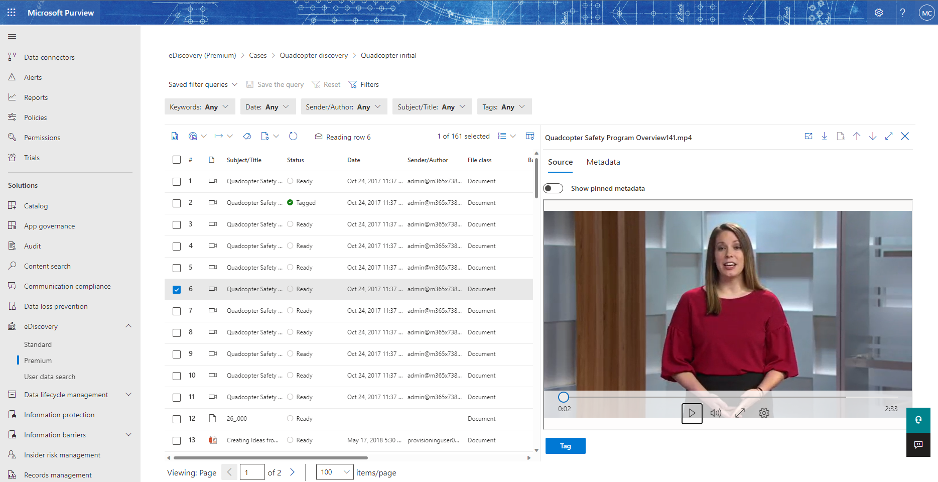 Captura de ecrã da IU da Deteção de Dados Eletrónicos com capacidade para pré-visualizar vídeo encontrado