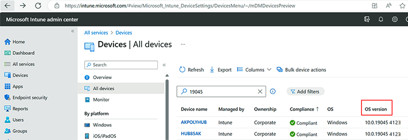 Captura de ecrã a mostrar os dispositivos Surface Hub 2S inscritos no centro de administração do Microsoft Intune.