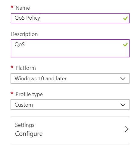 Captura de ecrã a mostrar a caixa de diálogo de criação de políticas personalizadas no Intune.