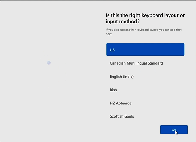 Captura de ecrã a mostrar a opção Confirmar esquema de teclado.