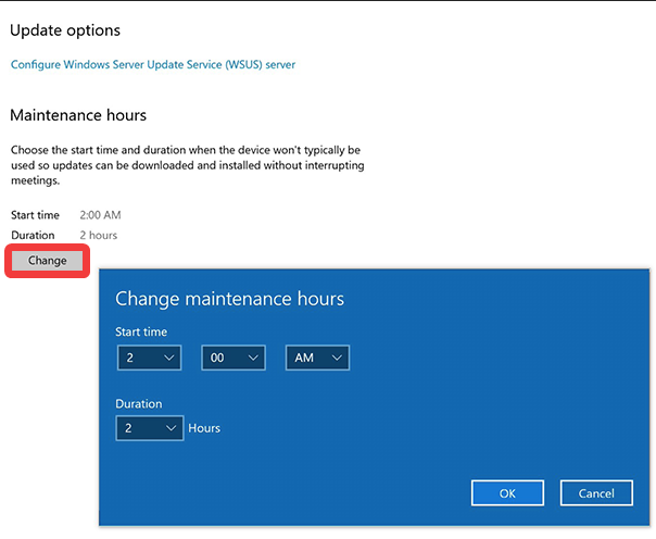 Imagem mostrando onde configurar as horas de Manutenção do Surface Hub.