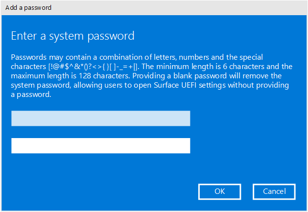 Adicione uma palavra-passe para proteger as definições de UEFI do Surface.