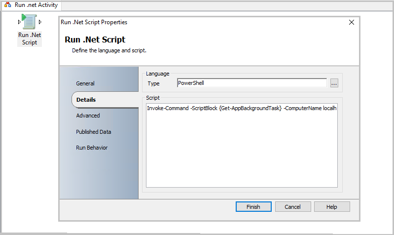 Captura de tela de Executar Atividade de Script do .NET.