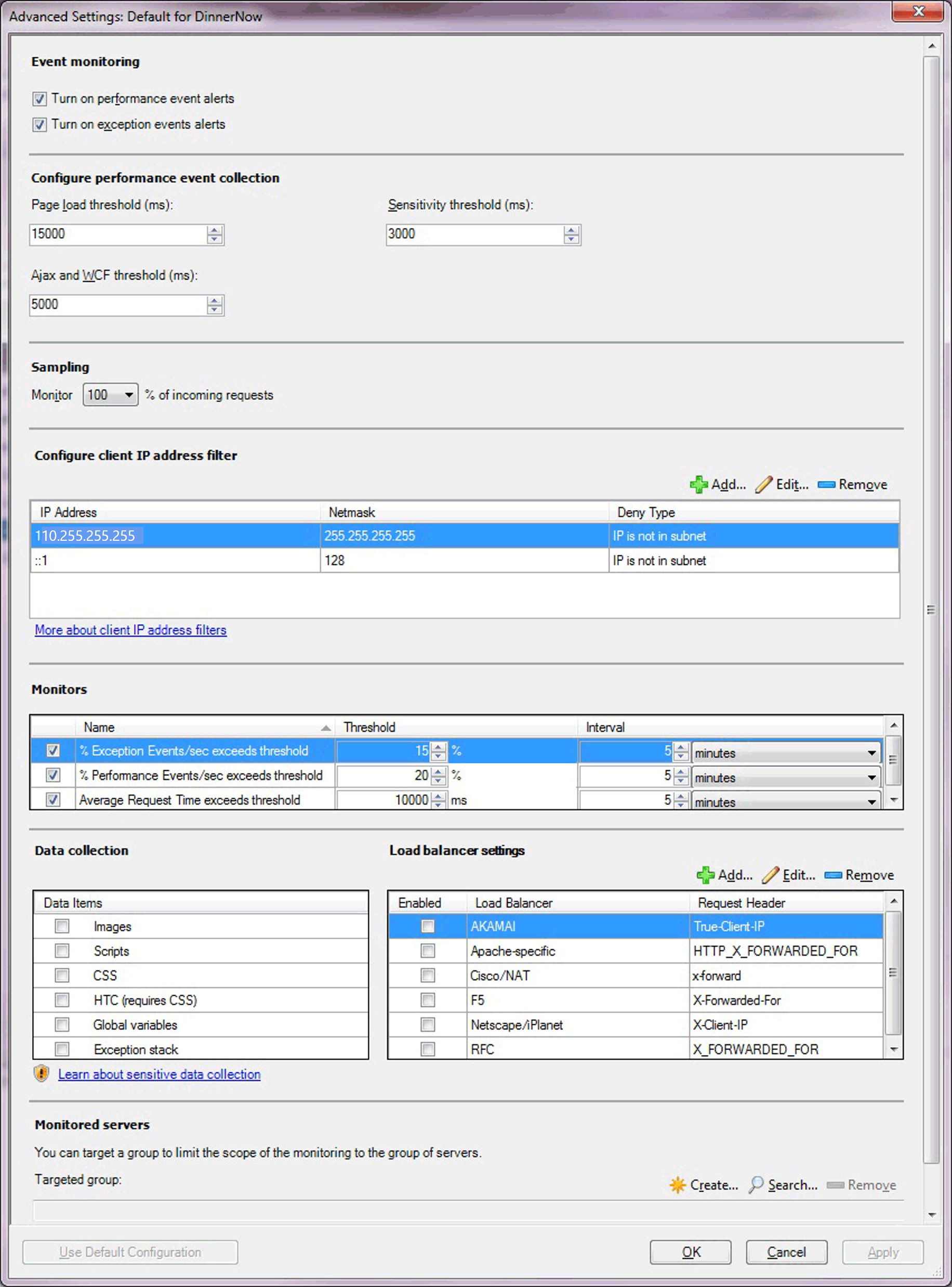 Captura de tela das configurações avançadas do lado do cliente.