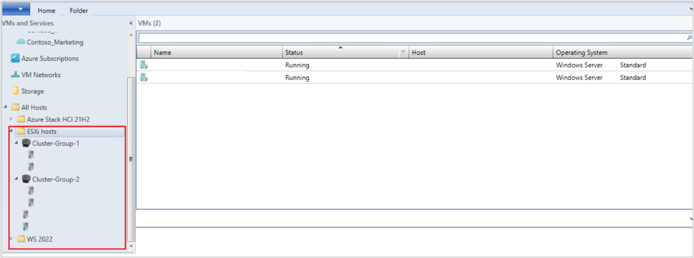 Captura de ecrã a mostrar anfitriões ESXi.