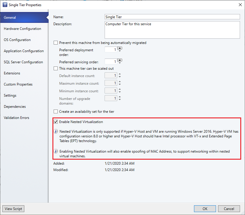 Captura de ecrã a mostrar a ativação da virtualização aninhada através do assistente Criar modelo de Serviço de VM.