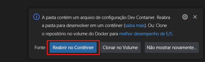 Captura de tela de uma notificação do sistema para reabrir a pasta atual no contexto de um contêiner de desenvolvimento.