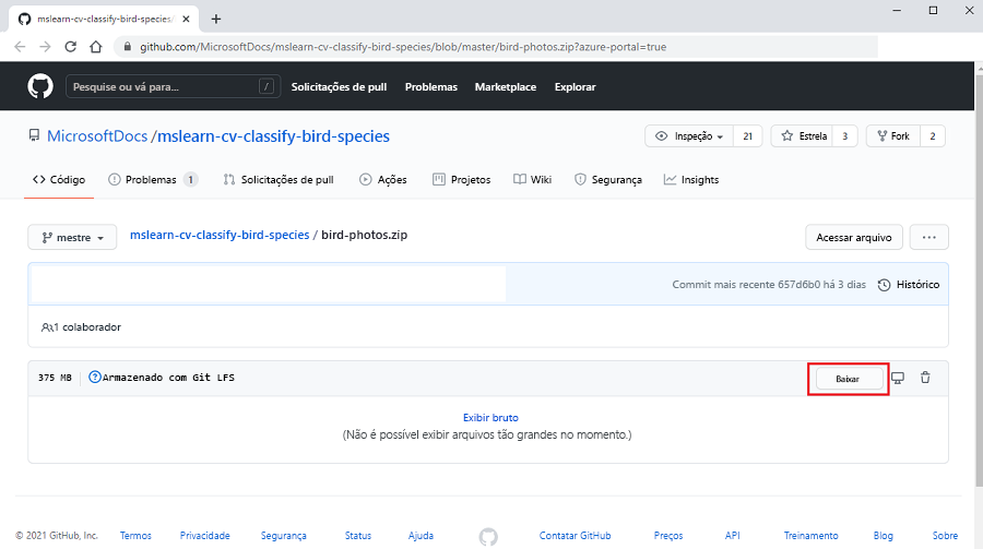 Captura de tela que mostra o GitHub em um navegador da Web, com o arquivo zip do conjunto de dados e o botão Download realçados.