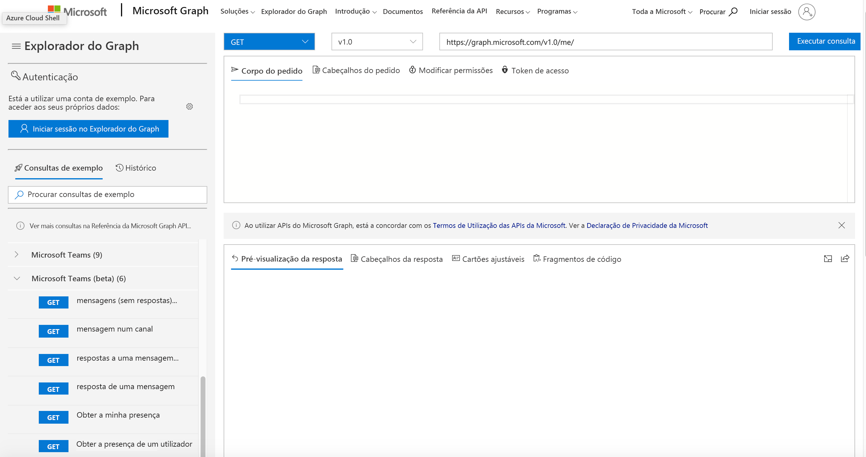 Captura de ecrã da página Web do Microsoft Graph Explorer.