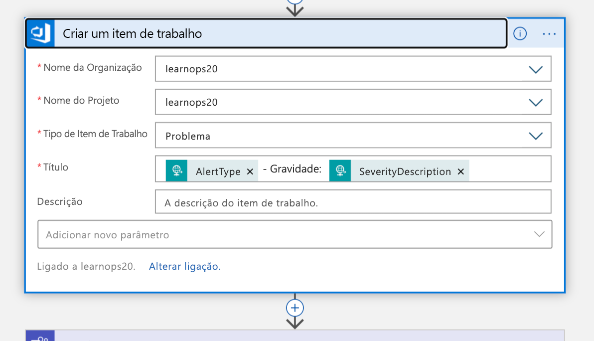 Screenshot of the Create a work item block in Logic App Designer view of the Logic App.