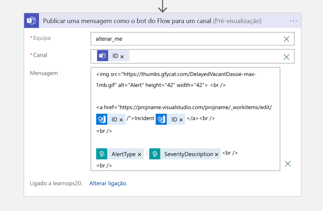 Screenshot of the Post a message as the Flow bot channel block in Logic App Designer view of the Logic App.