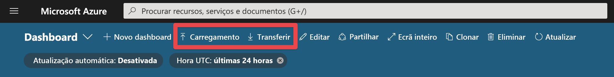 Captura de ecrã do painel no portal do Azure com os botões Carregar e Exportar realçados.
