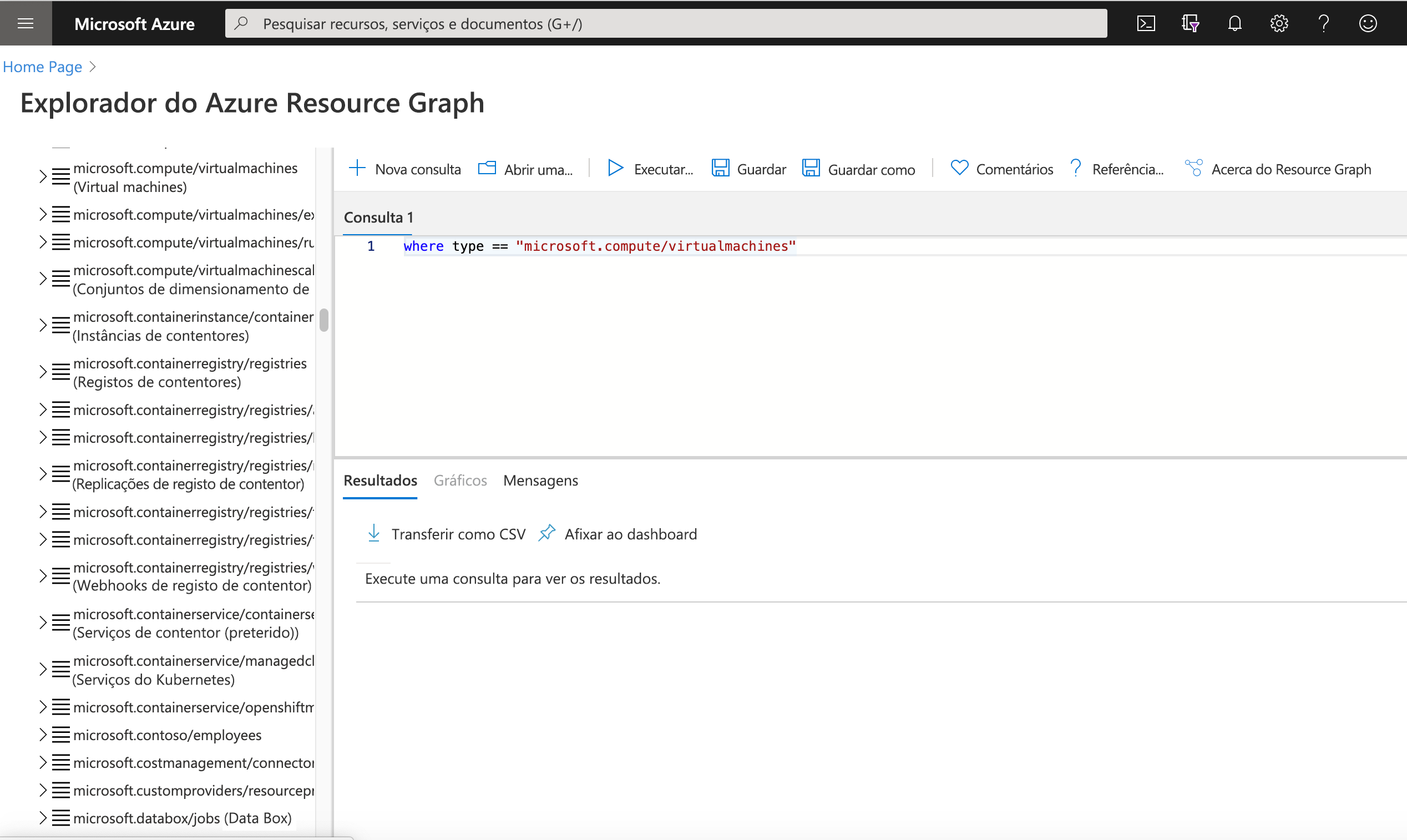 Painel de gráfico de recursos no portal do Azure com a consulta onde o tipo == microsoft.compute/virtualmachines