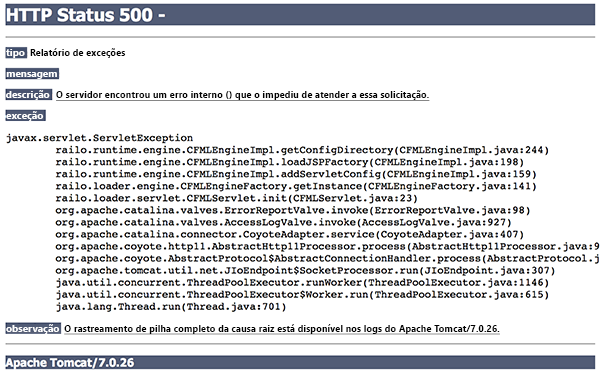 Captura de ecrã a mostrar uma falha numa aplicação Java com o erro Estado HTTPS 500.