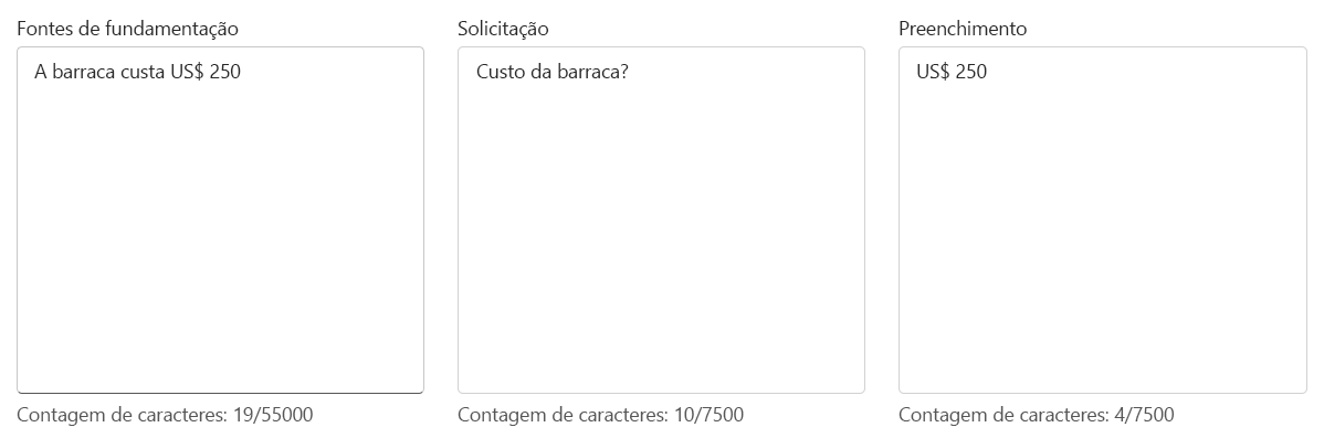 Uma captura de tela das entradas de aterramento para aterramento. Uma fonte de aterramento, prompt e conclusão são fornecidos.