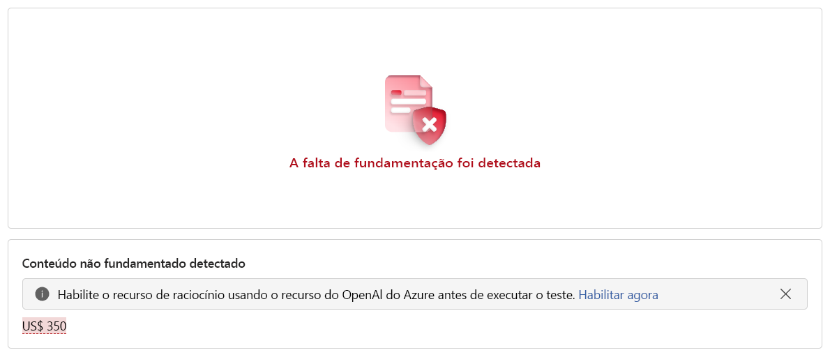 Uma captura de tela dos resultados de aterramento. Os resultados mostram que foi detetada falta de fundamento. Além disso, é fornecida uma anotação para indicar o conteúdo não fundamentado.