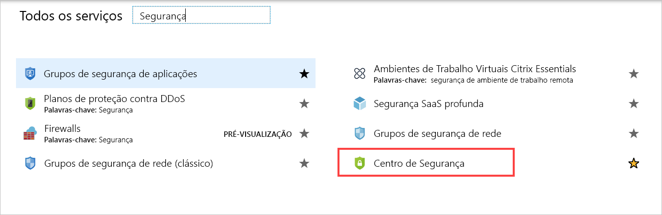 Captura de ecrã a mostrar o painel Todos os serviços com o Defender for Cloud realçado.