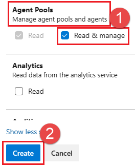 Captura de tela mostrando a seleção de permissões do pool de agentes para um token de acesso pessoal.