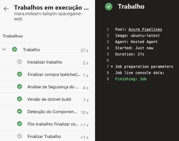 Captura de tela dos Pipelines do Azure mostrando a saída da configuração de compilação inicial.