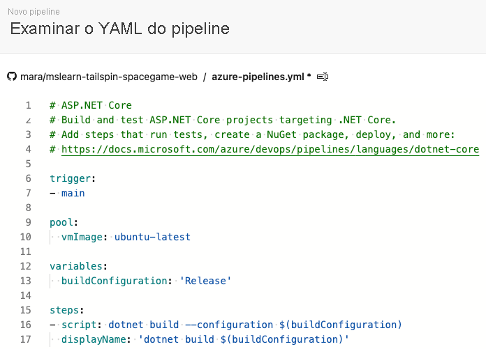 Captura de ecrã dos Pipelines do Azure a mostrar a configuração inicial da compilação.