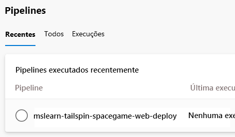 Screenshot of Azure Pipelines showing the pipeline for this project. The pipeline has no runs.