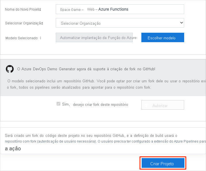 Uma captura de tela do Gerador de Demonstração do Azure DevOps mostrando como criar o projeto.