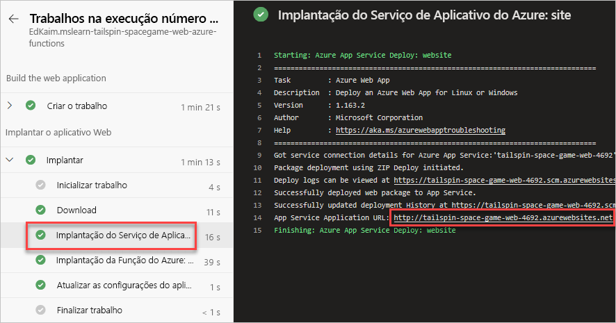 Uma captura de tela do Azure Pipelines, mostrando o local da URL do site.