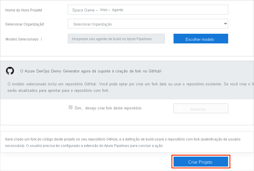 Uma captura de tela da tela Criar Novo Projeto do Gerador de Demonstração do Azure DevOps com o botão Criar Projeto realçado.