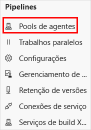 Uma captura de tela das configurações do projeto no Azure DevOps mostrando o local do item de menu Pools de agentes.