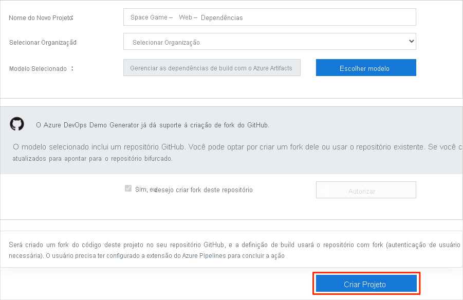 Uma captura de tela do Gerador de Demonstração do Azure DevOps mostrando como criar um novo projeto.