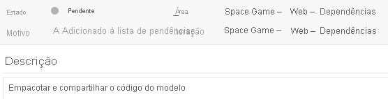 Uma captura de tela dos Painéis do Azure mostrando detalhes do item de trabalho para os dados do modelo Mover para seu próprio problema de pacote.