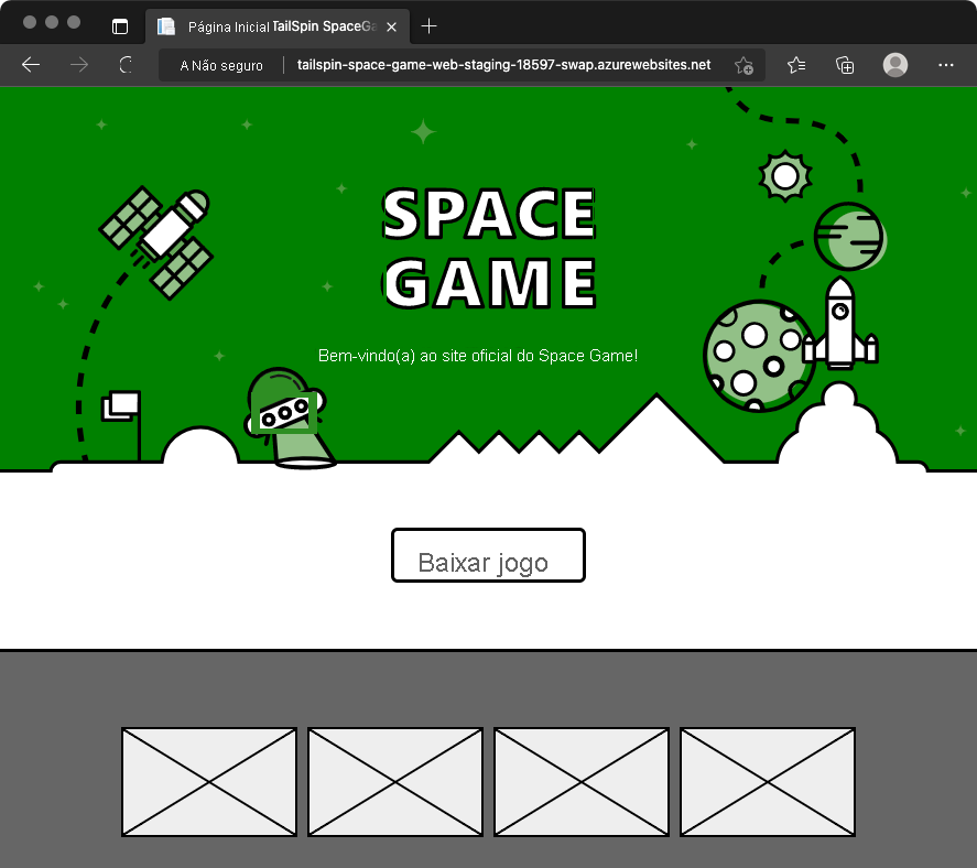 Captura de tela de um navegador que mostra o site Space Game depois de reverter a alteração. O site mostra as alterações de cor e texto.