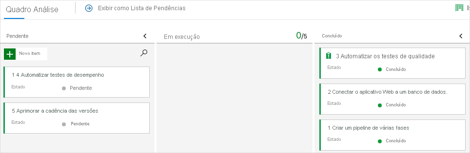 Uma captura de tela dos Quadros do Azure, mostrando o cartão na coluna Concluído.