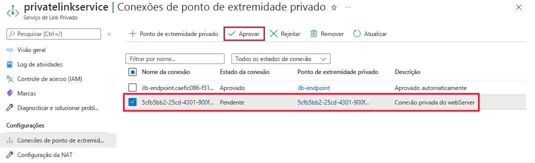 Screenshot of private endpoint connection approval list for web servers.